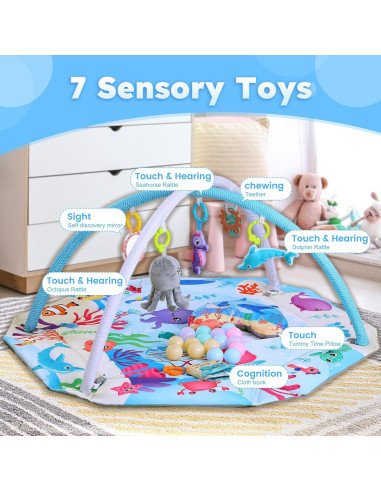 Alfombra de Juego para Bebés 9 en 1 Azul Océano con Pelotas