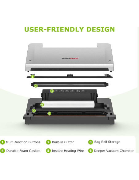 Máquina de Sellado al Vacío Bonsenkitchen VS3000 Plata 5 Modos