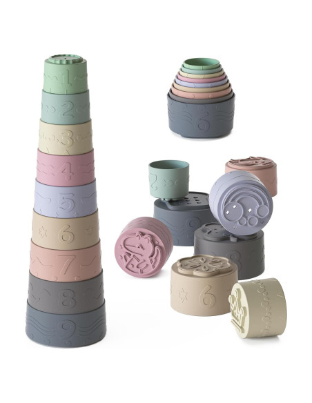 Set de 9 Tazas Apilables de Silicona para Bebés - Juguete Sensorial
