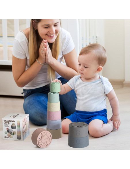 Set de 9 Tazas Apilables de Silicona para Bebés - Juguete Sensorial