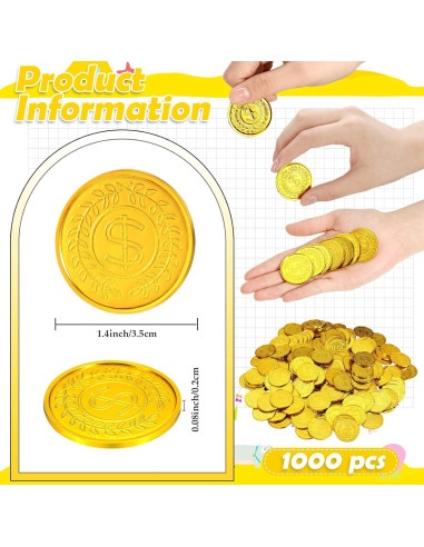 1000 Monedas de Oro Pirata de Plástico 8.89 cm para Fiesta