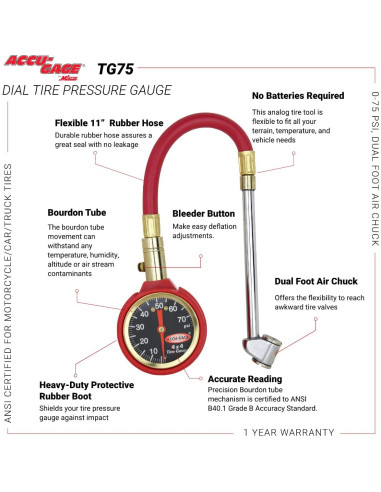 Medidor de Presión de Neumáticos Accu-Gage Milton 0-75 PSI