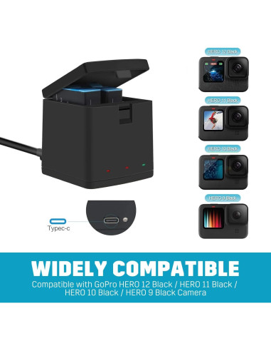 3 Baterías 1800mAh Azonpower para GoPro Hero 9 10 11 12 + Cargador