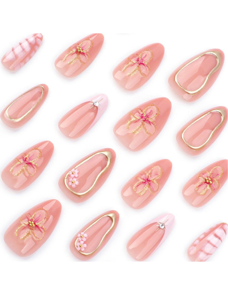 24 Uñas Postizas Cortas Almendras YEFIUO con Flores 3D