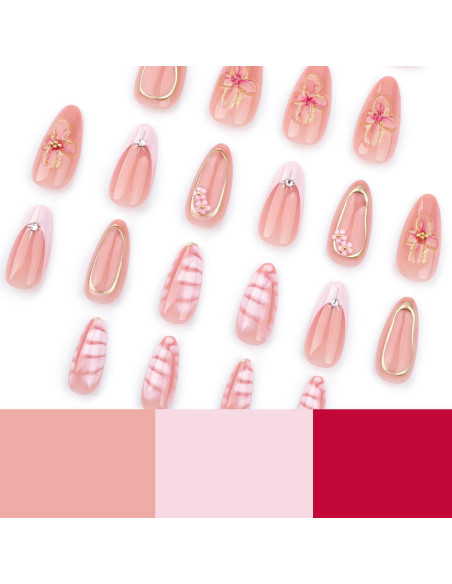 24 Uñas Postizas Cortas Almendras YEFIUO con Flores 3D