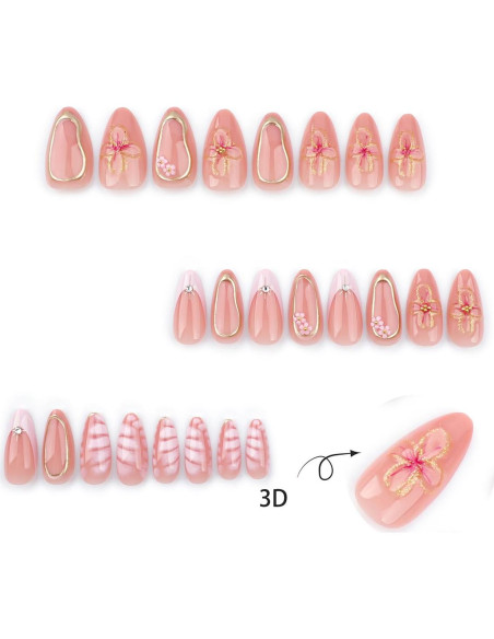 24 Uñas Postizas Cortas Almendras YEFIUO con Flores 3D