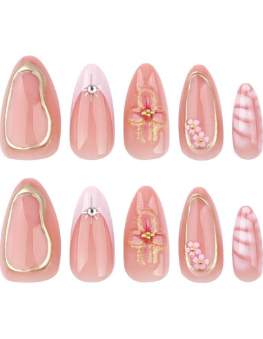 24 Uñas Postizas Cortas Almendras YEFIUO con Flores 3D