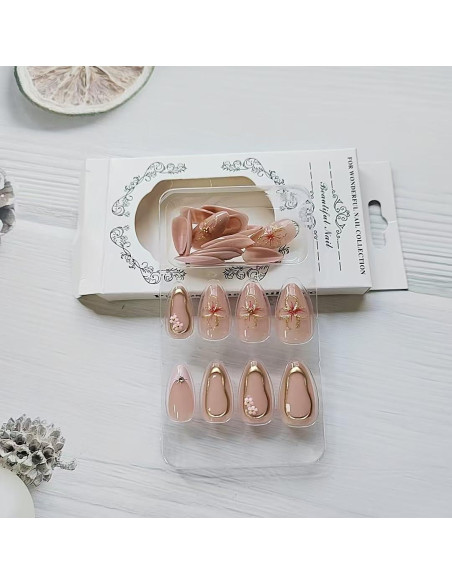 24 Uñas Postizas Cortas Almendras YEFIUO con Flores 3D