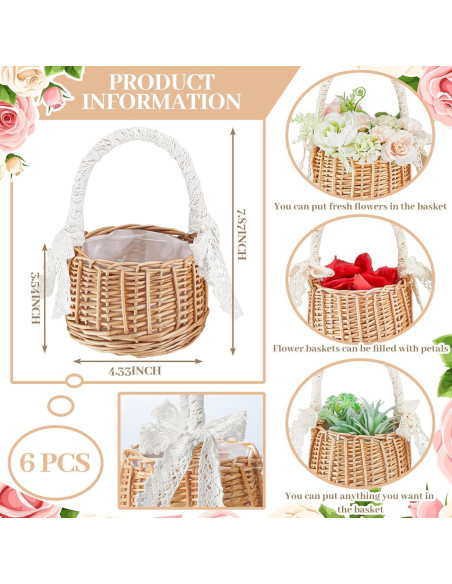 6 Canastas de Flores de Mimbre Ziliny para Boda Bohemia 20x11x9 cm