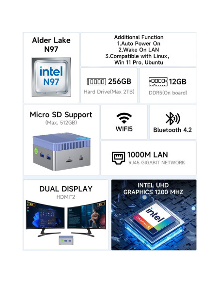 Mini PC GMKtec G5 Intel N97 12GB DDR5 256GB Azul