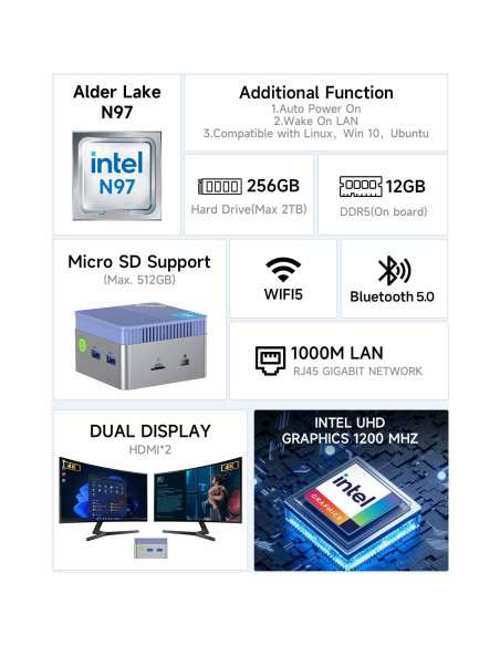 Mini PC GMKtec G5 Intel N97 12GB DDR5 256GB Azul