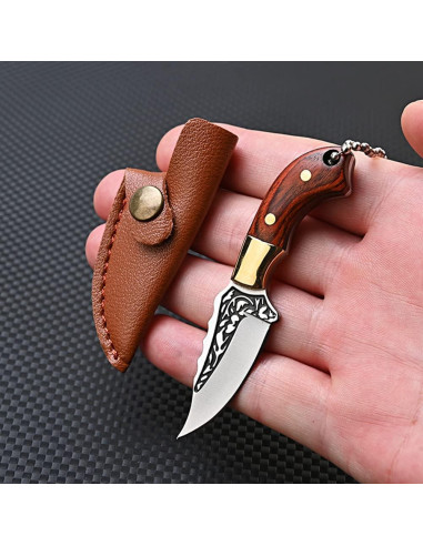 Cuchillo de hoja fija mini SZHOWORLD con funda de cuero 8.5 cm