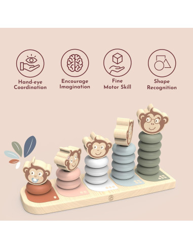 Apilador Familiar Speedy Monkey Kids - 5 Monos de Madera, Pintura No Tóxica, Juguete Educativo