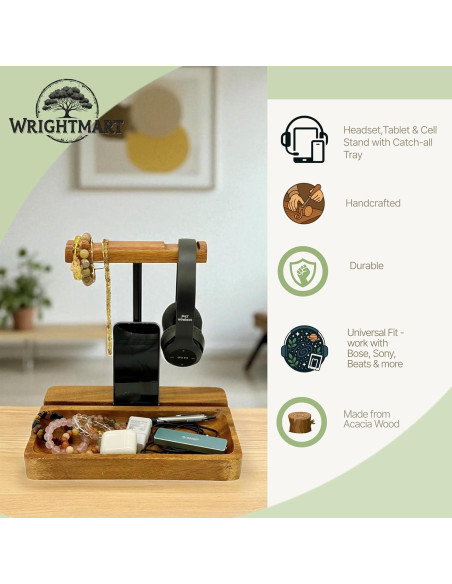 Soporte para Auriculares Doble de Madera Acacia WRIGHTMART Soporte para Auriculares Doble de Madera Acacia WRIGHTMART