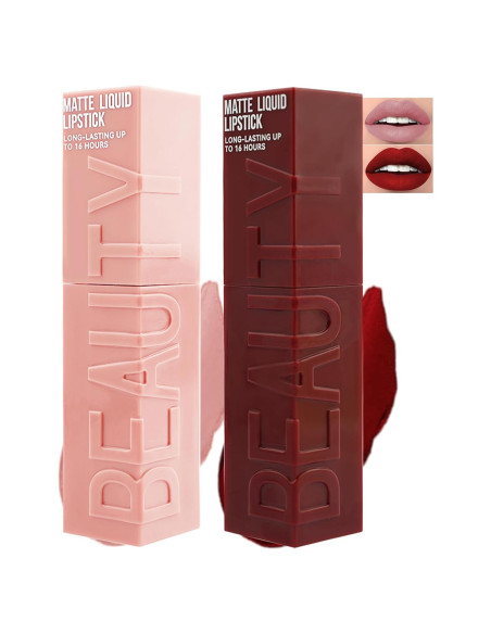 Lápiz Labial Líquido Mate 2Pcs - Rosa Nude y Rojo Vino