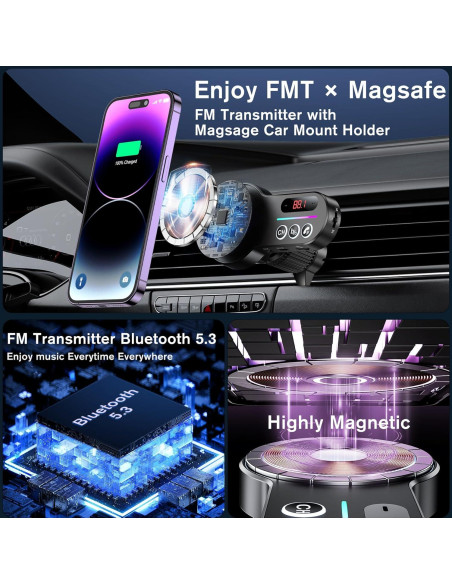 Transmisor FM Bluetooth 5.3 Magift A30 Plus con Carga Inalámbrica