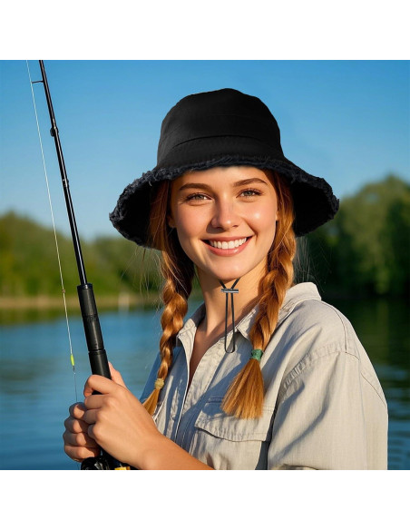 Sombrero Bucket de Algodón Negro Desflecado Unisex - Verano Sombrero Bucket de Algodón Negro Desflecado Unisex - Verano