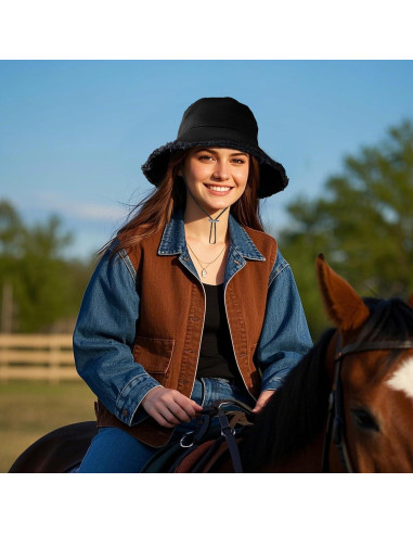 Sombrero Bucket de Algodón Negro Desflecado Unisex - Verano