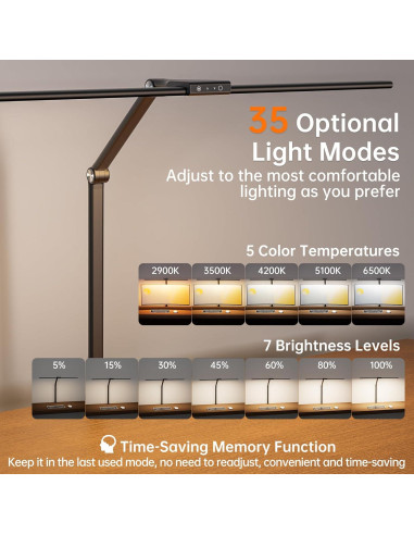 Lámpara de Escritorio LED HUMIIEYE 24W con Carga USB y 35 Modos