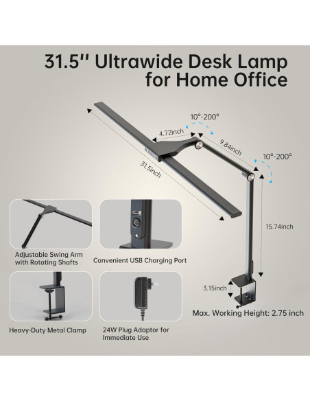 Lámpara de Escritorio LED HUMIIEYE 24W con Carga USB y 35 Modos