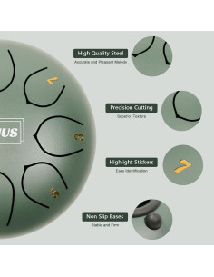 Tambor de Lengua de Acero 8 Notas 15 cm Verde con Accesorios 2