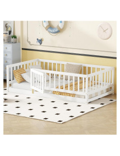 Cama Montessori Twin YHUBHSIS Blanca con Cerca y Puerta Removible