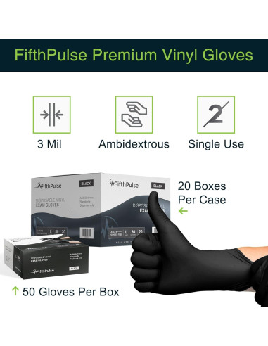 Guantes Desechables de Vinilo FifthPulse - Negros - 50 Unidades