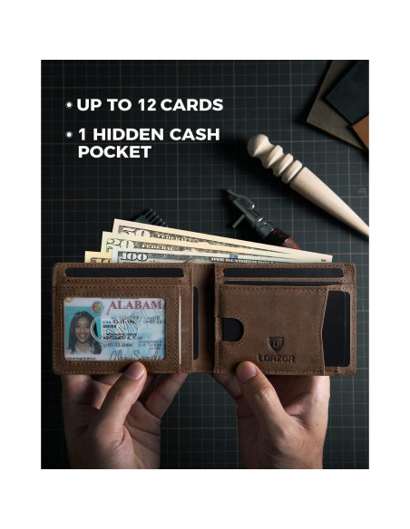 Billetera de Cuero LORZOR AirTag para Hombres Bifold RFID