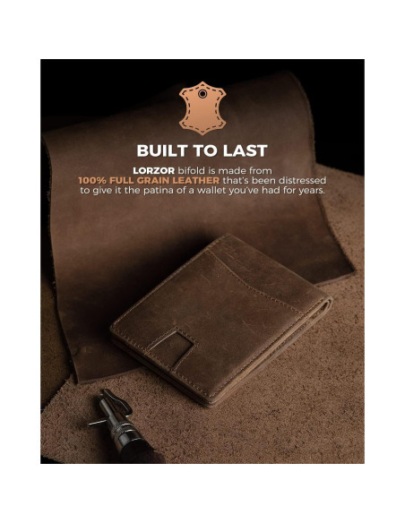 Billetera de Cuero LORZOR AirTag para Hombres Bifold RFID
