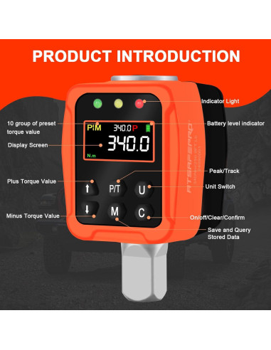 Adaptador de Torque Digital ATsafepro 1/2" 18-340 Nm LCD