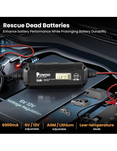 Cargador Mantenedor de Batería POWOXI 6A 6V/12V Inteligente