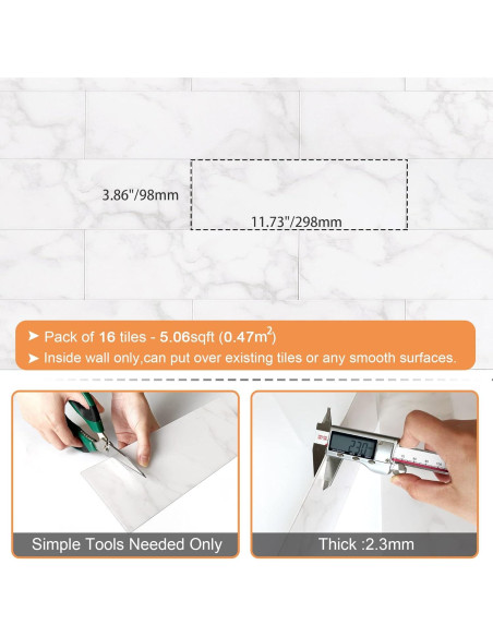 Azulejos Autoadhesivos VAOVI Carrara Blanco 16 Piezas 100x300mm Azulejos Autoadhesivos VAOVI Carrara Blanco 16 Piezas 100x300mm