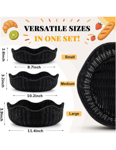 Cesta de Pan de Mimbre SiliFine 3 Piezas Negro 29cm 26cm 22cm 2