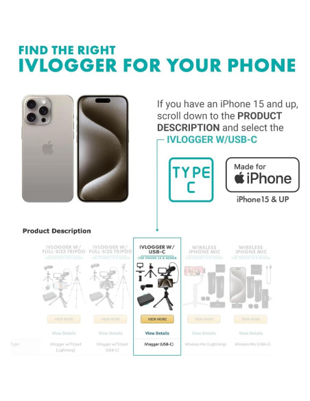 Kit de Vlogging Movo iVlogger para iPhone - Micrófono y Luz LED