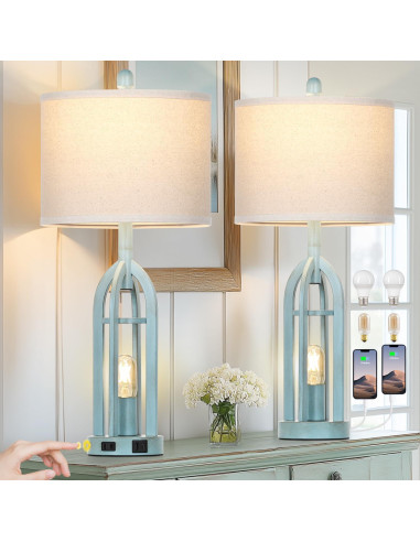 Juego de 2 Lámparas de Mesa Vintage Azul Cinyirong con USB