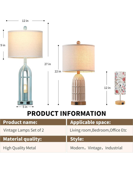 Juego de 2 Lámparas de Mesa Vintage Azul Cinyirong con USB