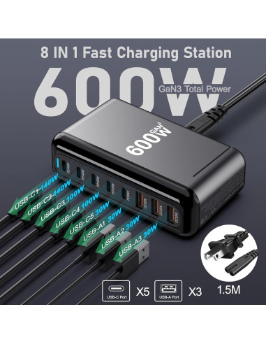 Cargador USB-C 600W NXPGKEA 8 Puertos Carga Rápida