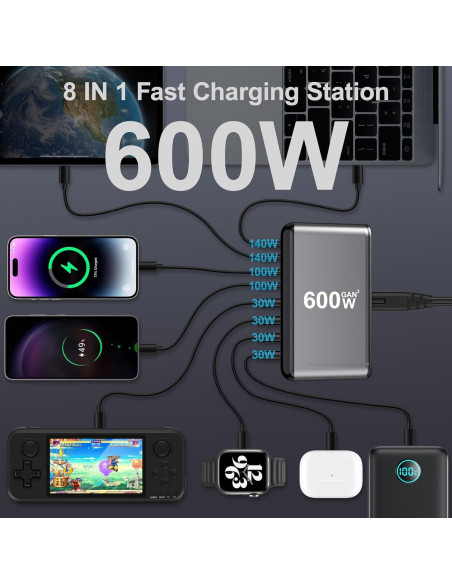 Cargador USB-C 600W NXPGKEA 8 Puertos Carga Rápida