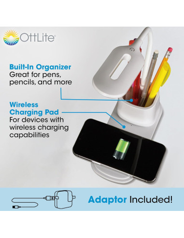 Lámpara de Escritorio LED OttLite con Carga Inalámbrica 3 Modos