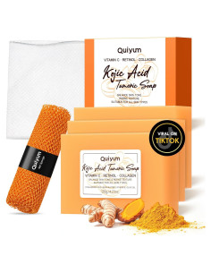 Jabón de Ácido Kójico y Cúrcuma QUIYUM - 3 Unidades + Esponja
