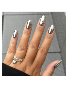 Uñas Postizas Plateadas Medianas Cuadradas FJSMTOPL