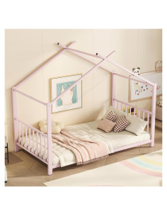 Cama Montessori de Metal Merax Rosa Gemelo Bajo 196x104cm