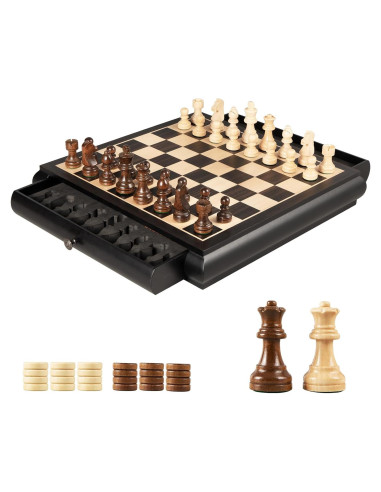 Juego de Ajedrez y Damas VAMSLOVE 39.37 cm Madera con Cajones