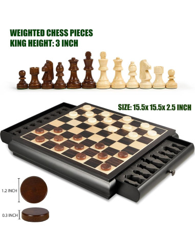 Juego de Ajedrez y Damas VAMSLOVE 39.37 cm Madera con Cajones