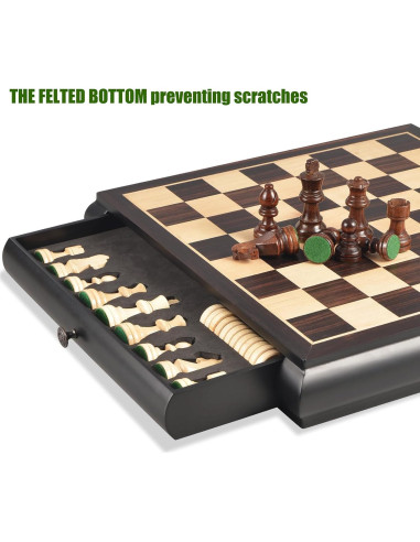 Juego de Ajedrez y Damas VAMSLOVE 39.37 cm Madera con Cajones