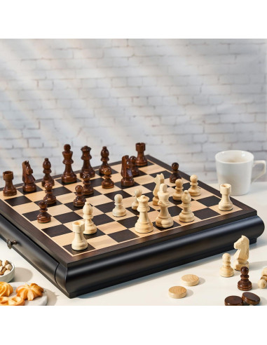 Juego de Ajedrez y Damas VAMSLOVE 39.37 cm Madera con Cajones