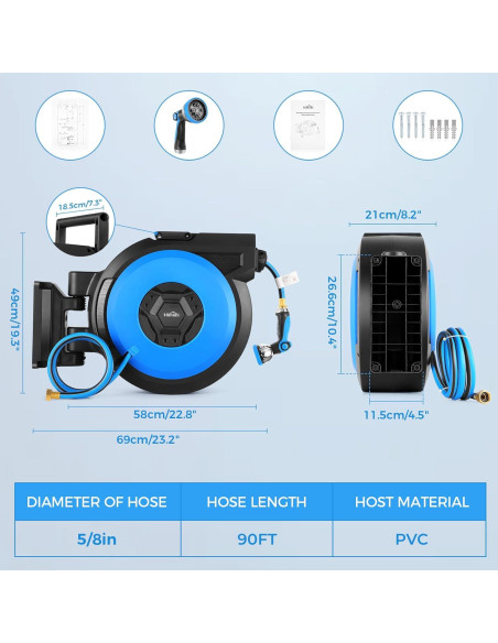 Carrete de Manguera de Jardín Retráctil Himimi 5/8" x 27.43m
