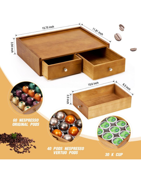 Organizador de K Cups Inlisy de Madera Natural con 2 Cajones