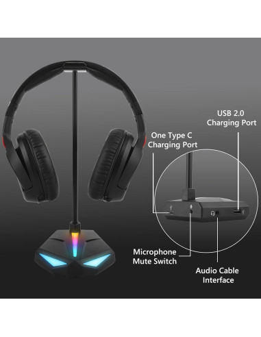 Soporte para Auriculares RGB Geekria ABS con Cargador USB 3 Puertos
