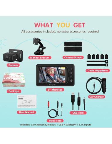 Cámara para Bebés S100P - Monitor de Coche 5" HD 1080P